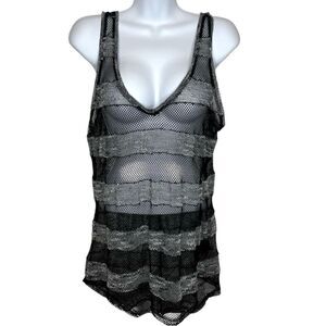 Guess See Through Mesh Sleeveless Striped Shirt Black and Gray Size Large